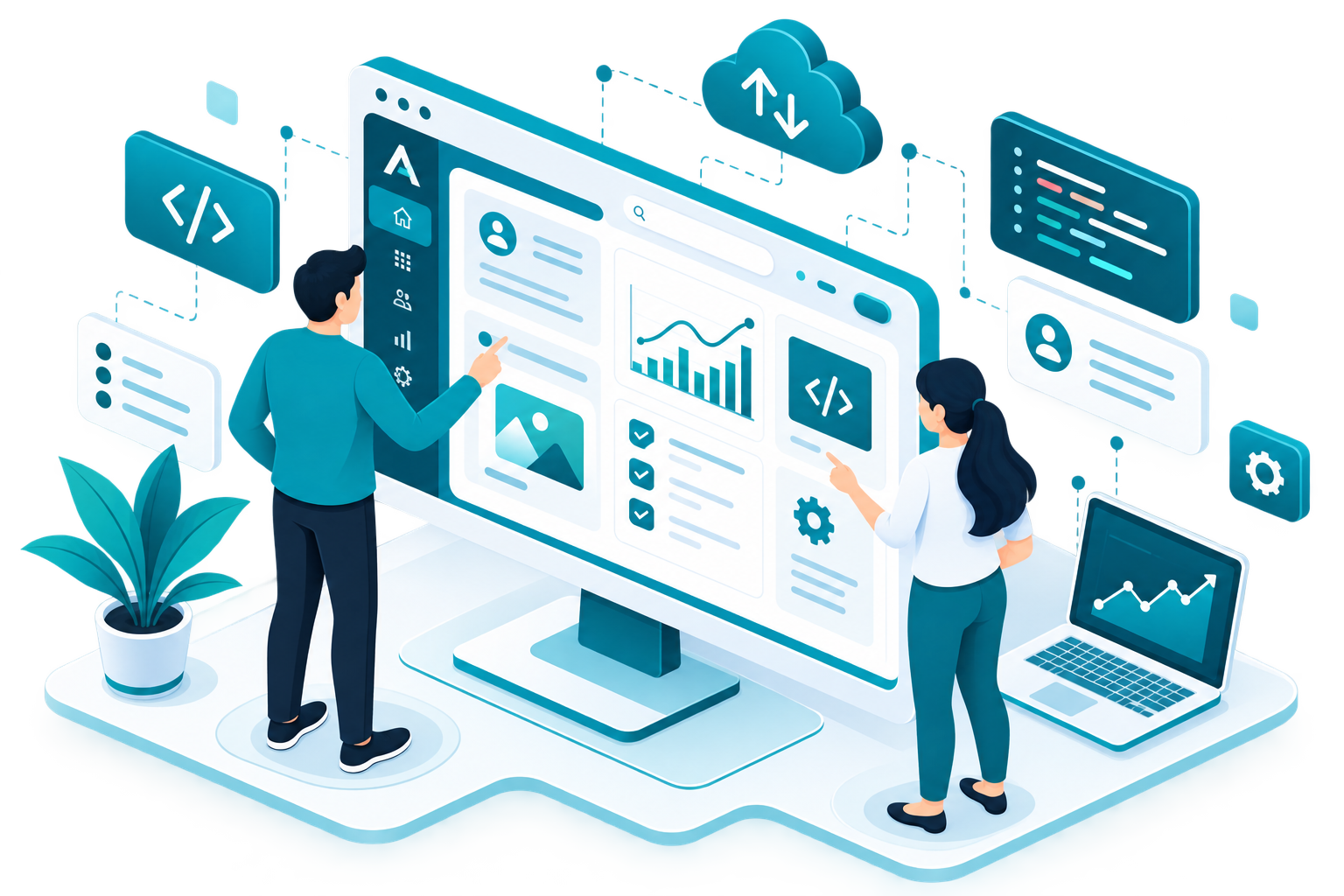 Team collaborating on digital product dashboards, cloud, and software services
